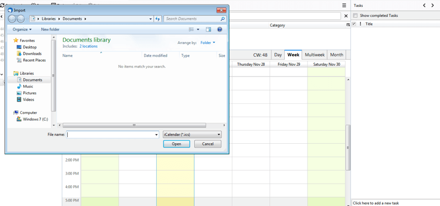 Auswahl der ICS-Dateien in dem Fenster, das im Thunderbird-Kalender geöffnet wird