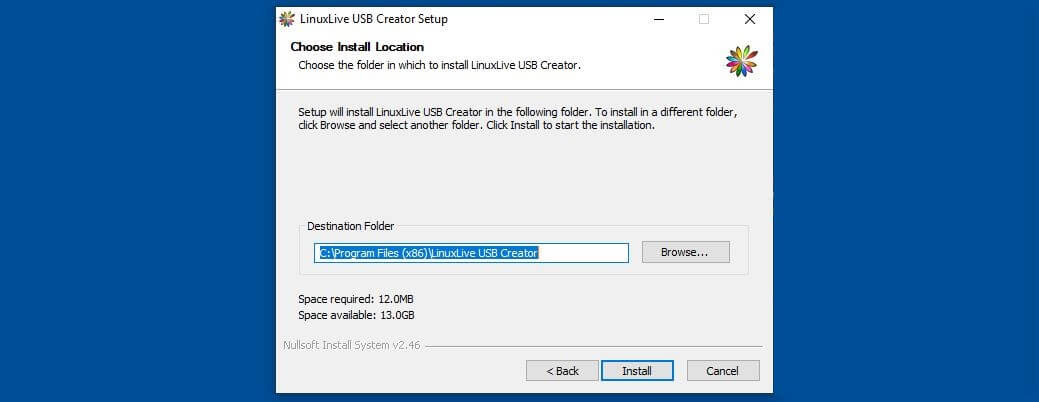 Auswählen des Installationspfads für LinuxLive USB Creator