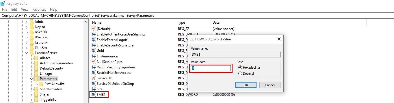 SMB1-Eintrag in der Windows 10-Registrierung