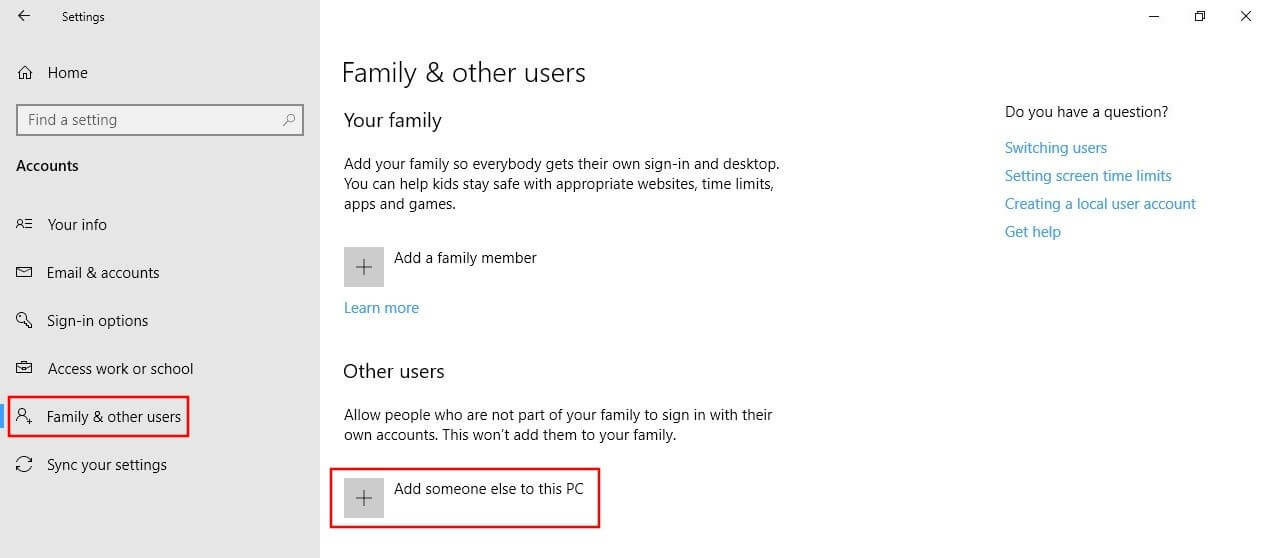 Menü von? Familie und anderen Benutzern? Windows 10