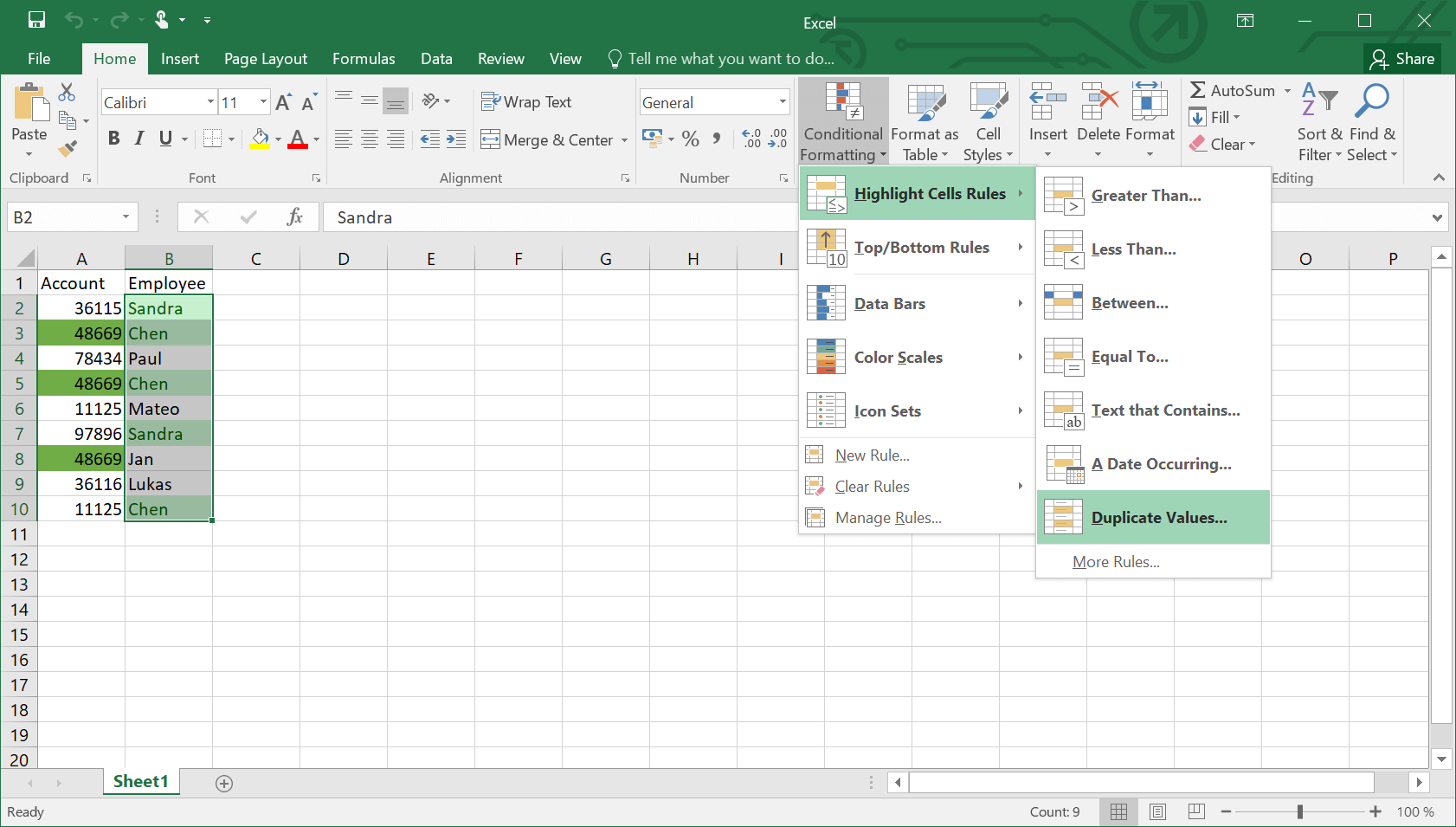 Excel-Funktionsmenü zur Anzeige doppelter Werte
