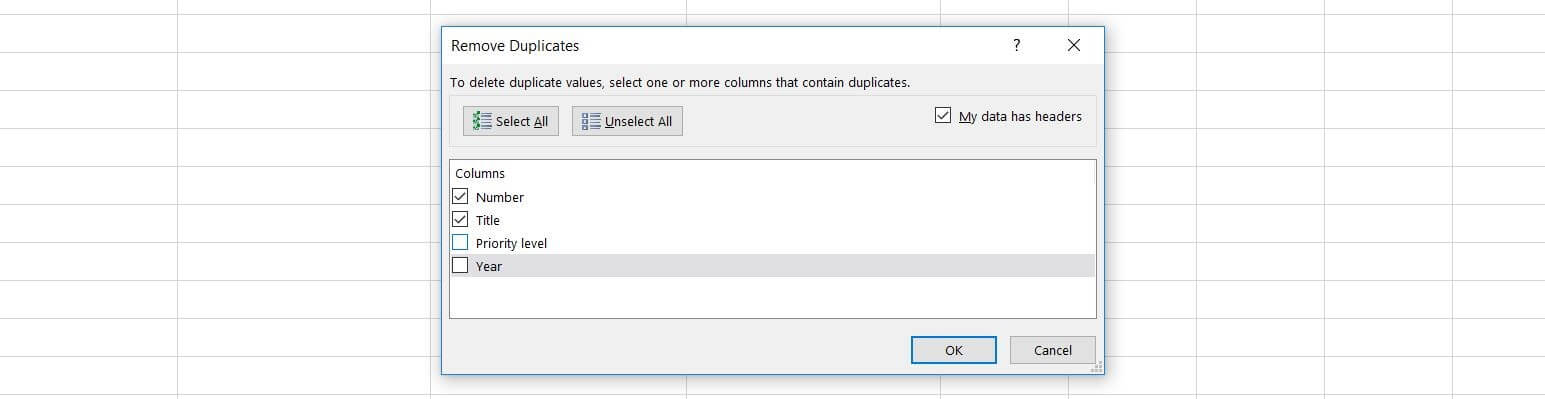 Dialogfeld? Duplikate entfernen? in Excel 2016