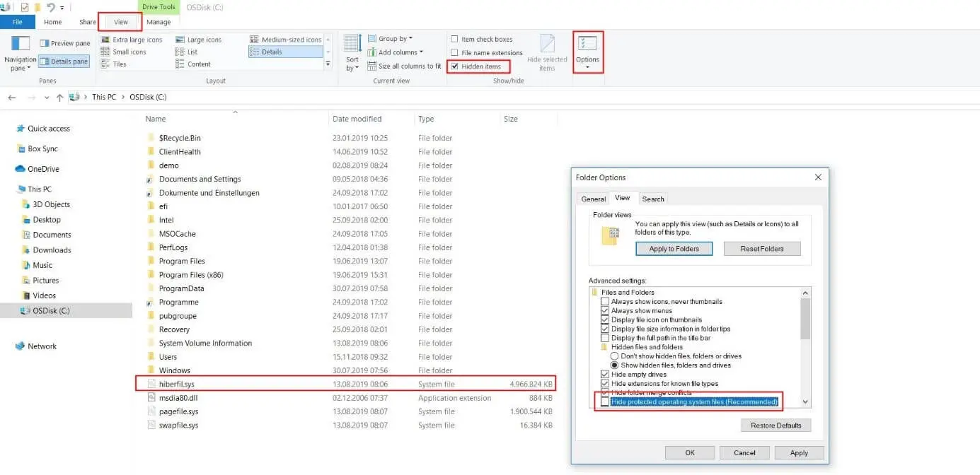 Die Datei Hiberfil.sys wird im Windows-Partitionsverzeichnis angezeigt