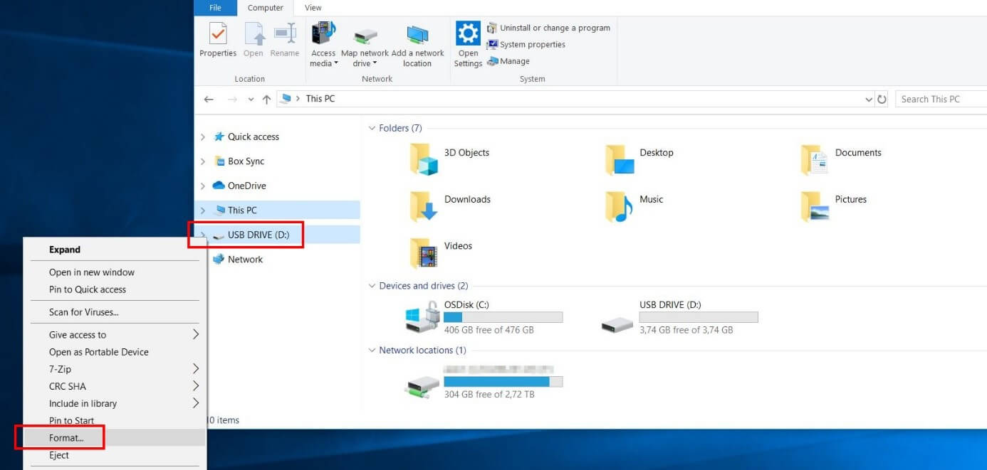 Windows 10: Auswahl des USB-Sticks im Menü des Seiten-Explorers