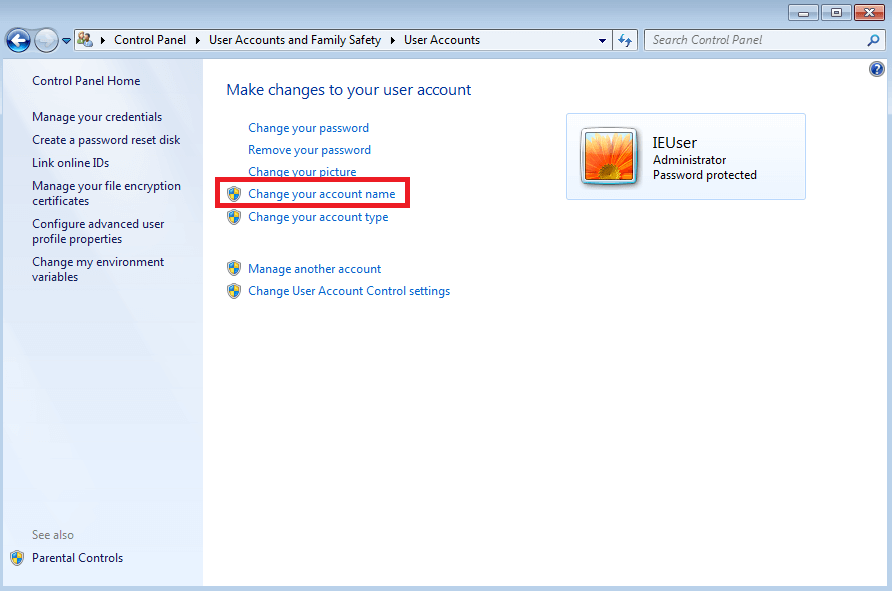 Windows 7: Menü "Benutzerkonten".