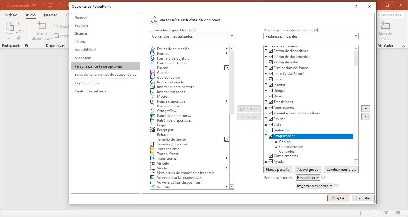 Fenster mit PowerPoint 2016-Optionen