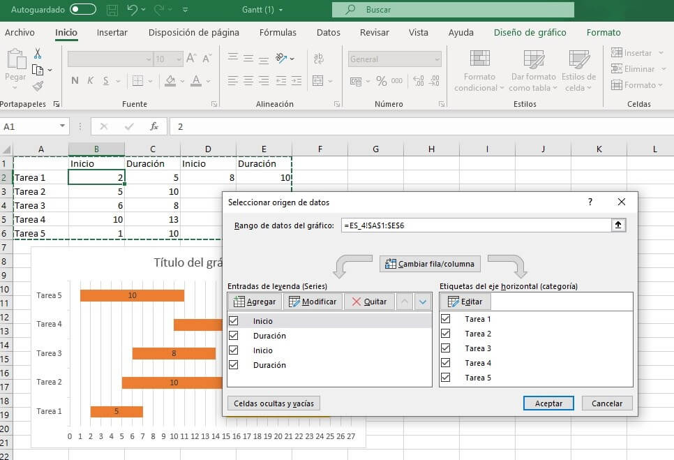 Excel-Menüfenster, in dem Sie den Datenbereich des Diagramms anpassen können