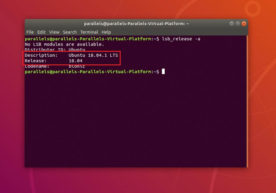 Das Terminal zeigt die installierte Version von Ubuntu
