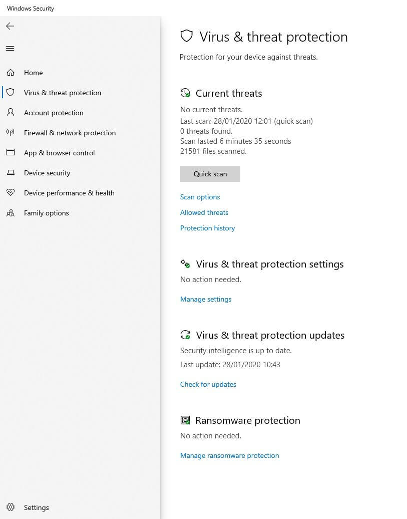 Viren- und Bedrohungsschutz in Windows 10