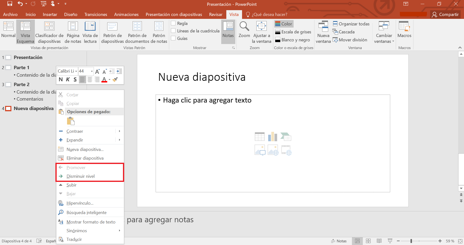 Gliederungsansicht in PowerPoint: Hierarchie ändern