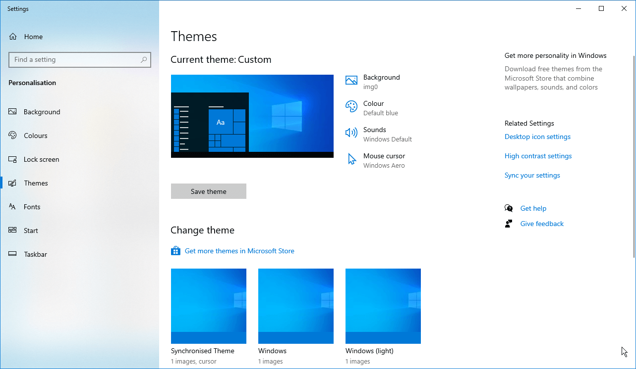 Windows 10-Einstellungen: Personalisierung / Designs