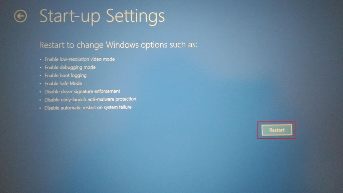 Windows 10 UEFI-Screenshot - Starteinstellungen