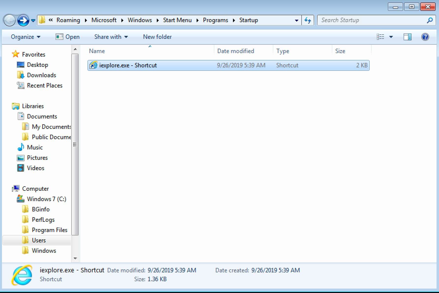Startprogrammordner in Windows 7 mit direktem Zugriff auf Internet Explorer