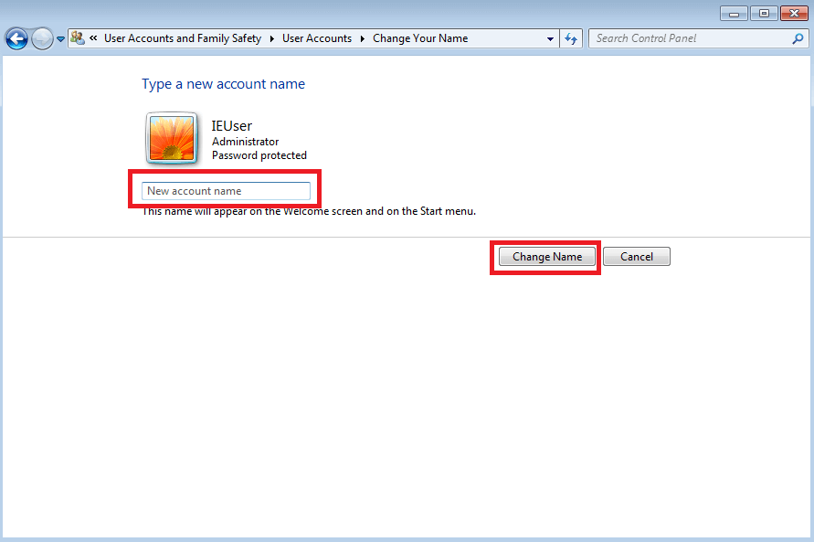 Menü Windows 7-Benutzerkonten: Ändern Sie den Benutzernamen.