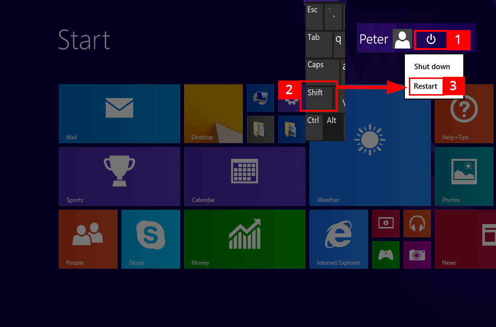 Windows 8 Charms Bar mit Neustartoption
