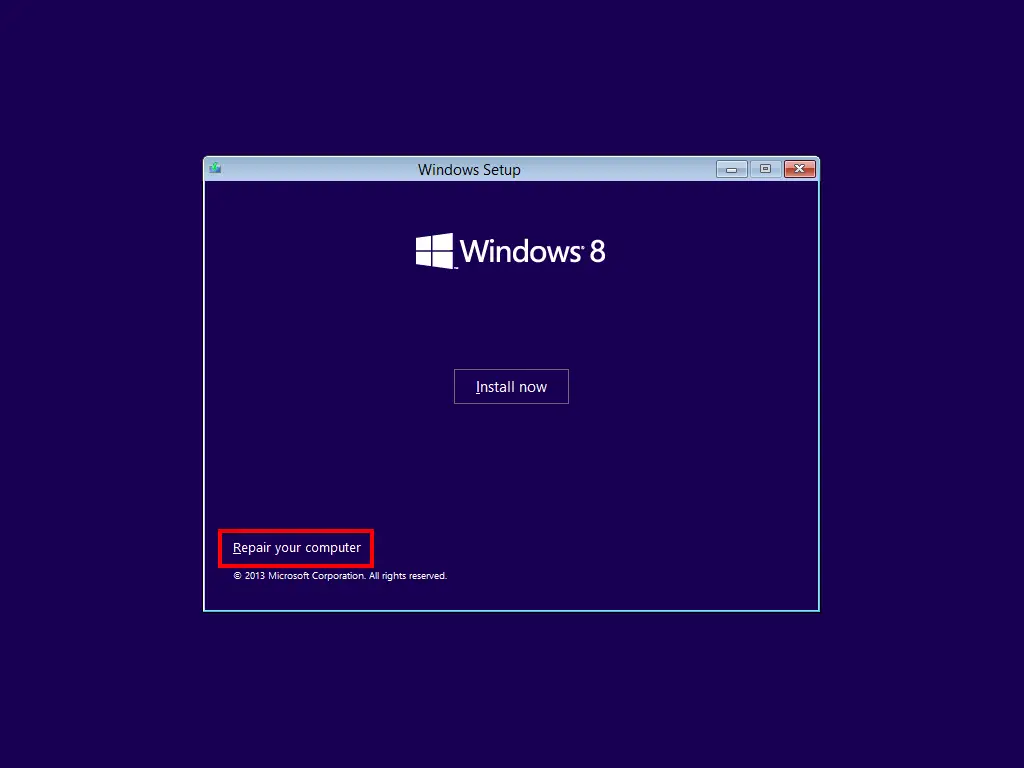 Windows 8 DVD: Startbildschirm mit Option zum Reparieren des Computers