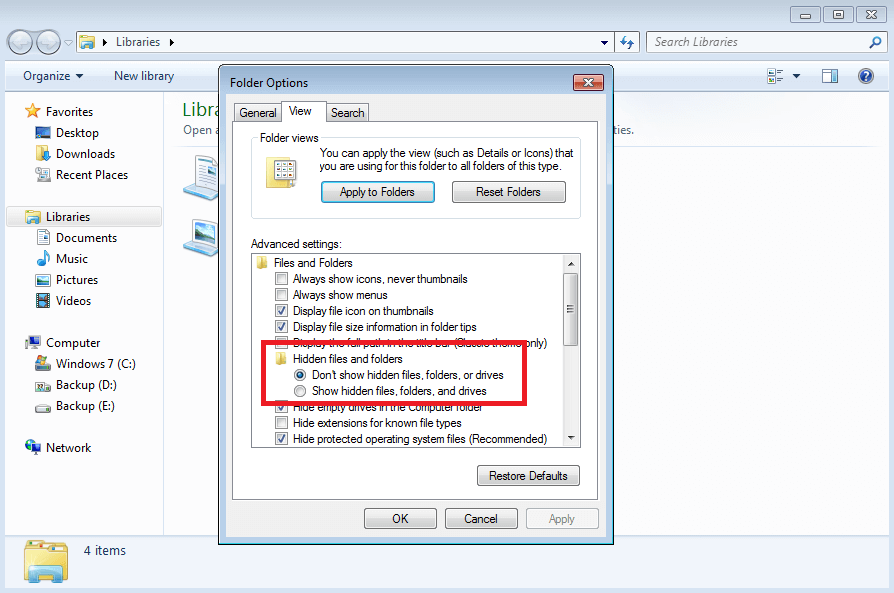 Zeigen Sie versteckte Dateien in Windows 7-Ordneroptionen an 